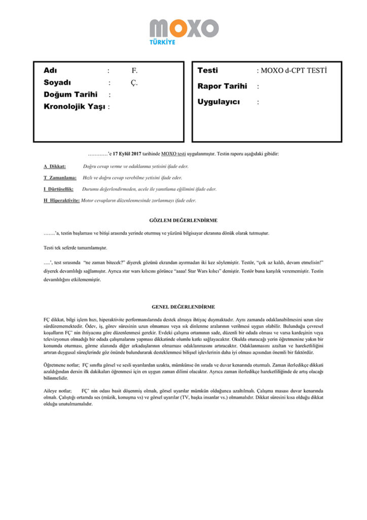 Moxo Konya Psikolojik Danışman Moxo Dikkat Testi Örnek Sonuç Raporu Genel Değerlendirilmesi